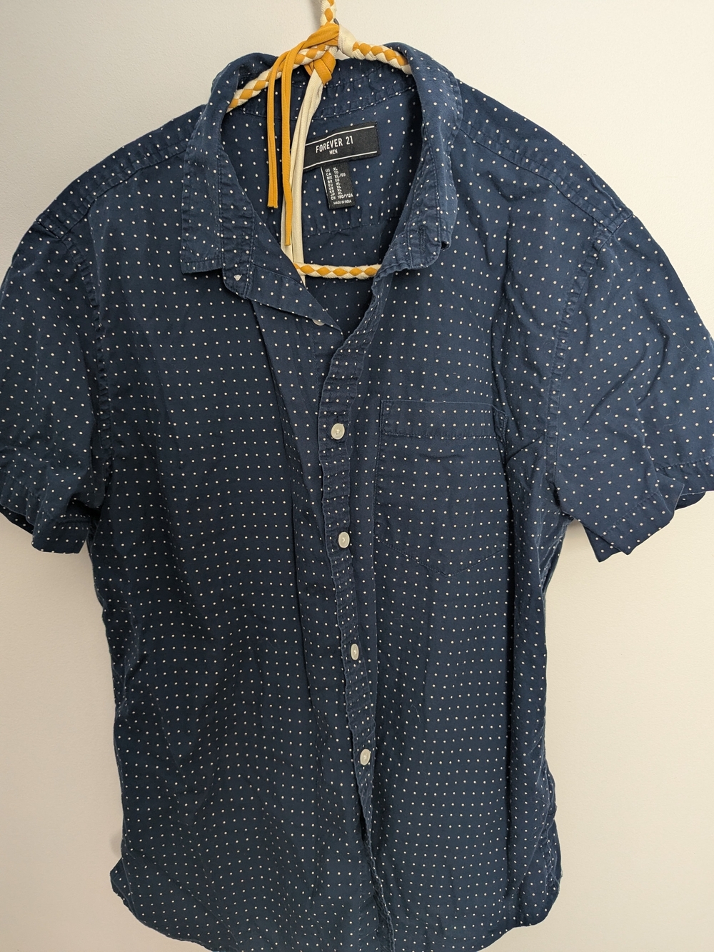 Forever 21 Navy Short-Sleeve Button-Down Shirt with White Micro Dots